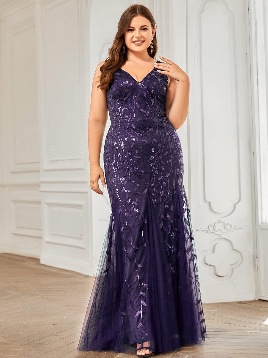 Plus Size V-Neck Sequin Bodycon Tulle Maxi Dress #color_Dark Purple