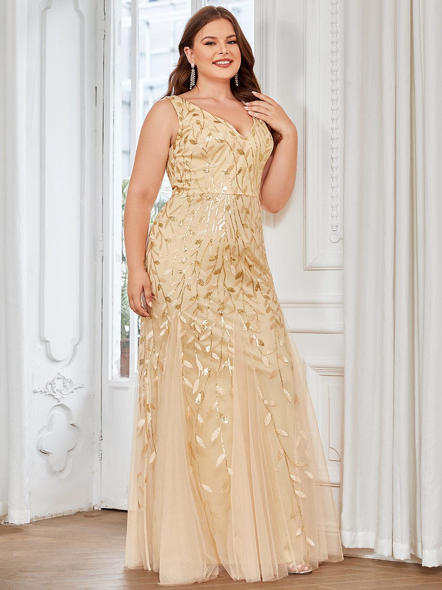 Plus Size V-Neck Sequin Bodycon Tulle Maxi Dress #color_Gold