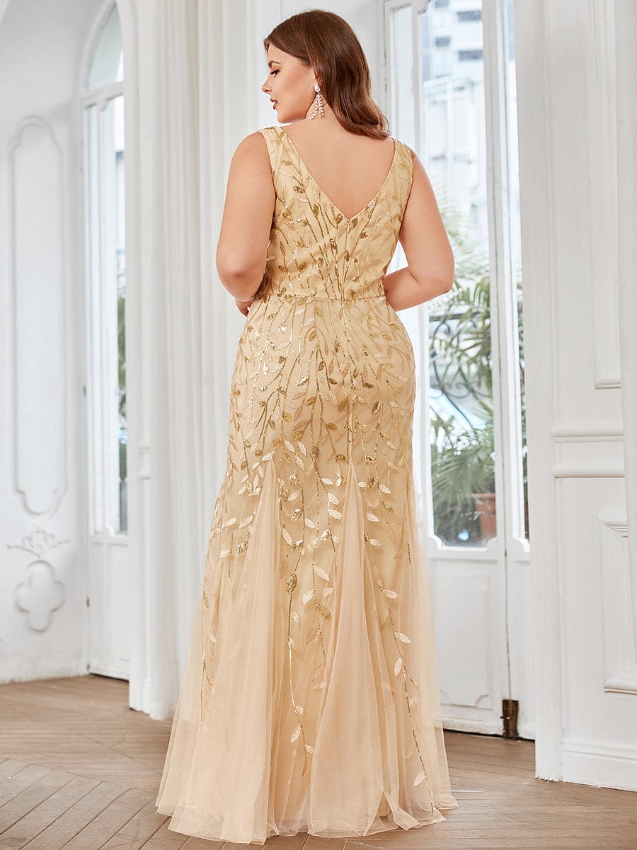 Plus Size V-Neck Sequin Bodycon Tulle Maxi Dress #color_Gold