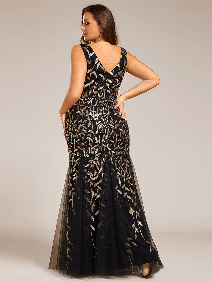 Plus Size V-Neck Sequin Bodycon Tulle Maxi Dress #color_Black & Gold