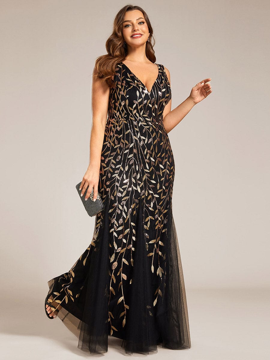 Plus Size V-Neck Sequin Bodycon Tulle Maxi Dress #color_Black & Gold