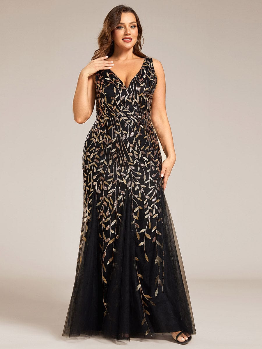 Plus Size V-Neck Sequin Bodycon Tulle Maxi Dress #color_Black & Gold