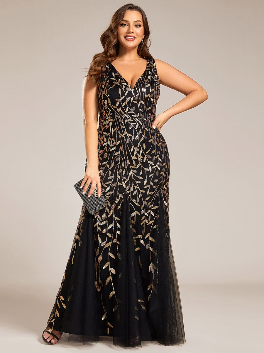 Plus Size V-Neck Sequin Bodycon Tulle Maxi Dress #color_Black & Gold