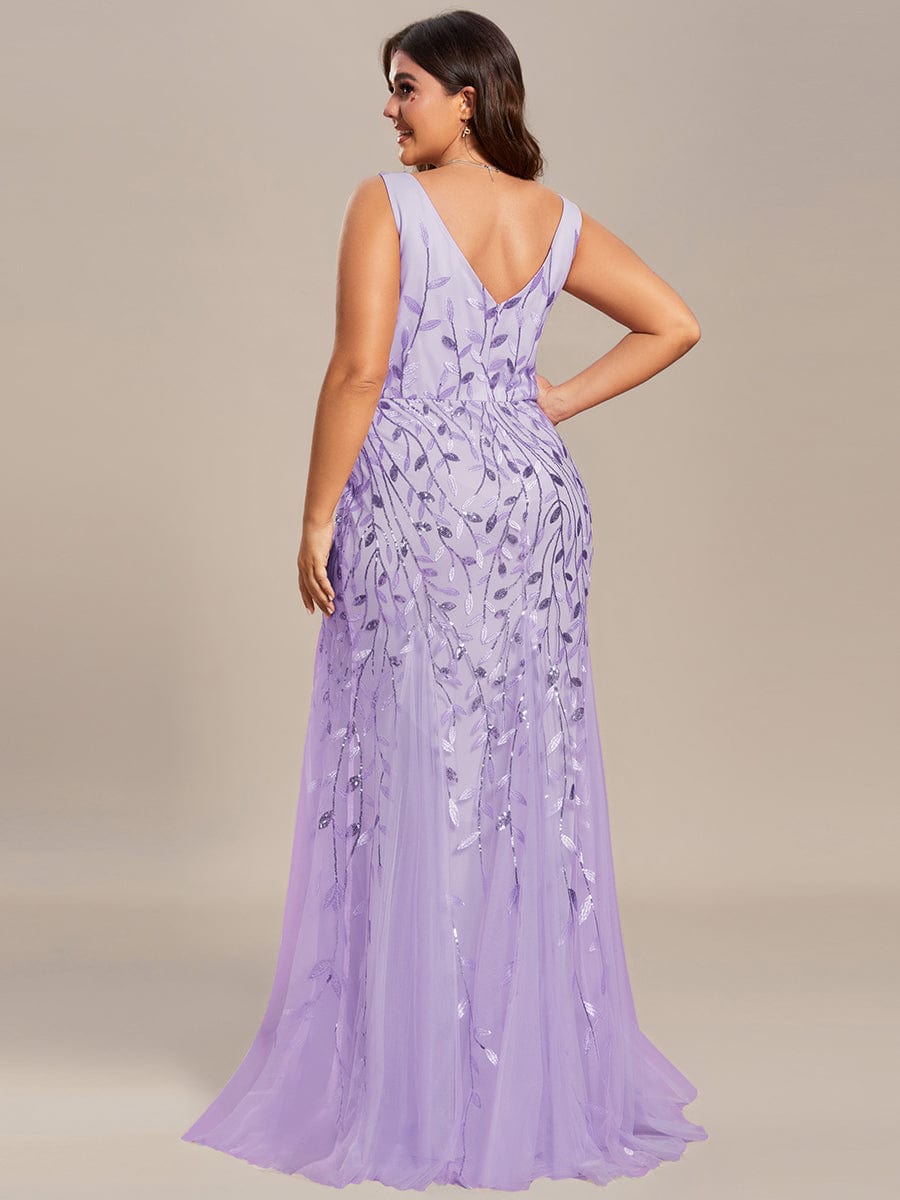 Plus Size V-Neck Sequin Bodycon Tulle Maxi Dress #color_Lavender