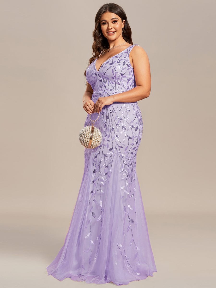 Plus Size V-Neck Sequin Bodycon Tulle Maxi Dress #color_Lavender