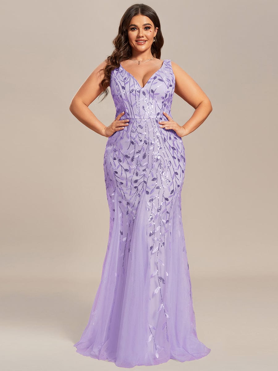 Plus Size V-Neck Sequin Bodycon Tulle Maxi Dress #color_Lavender