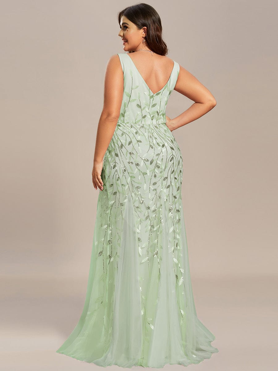 Plus Size V-Neck Sequin Bodycon Tulle Maxi Dress #color_Sage Green