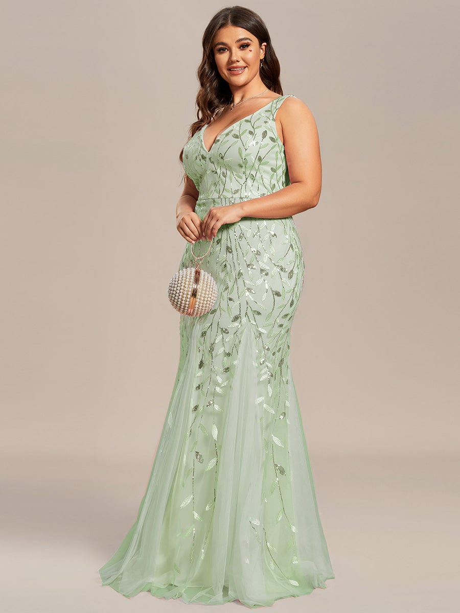 Plus Size V-Neck Sequin Bodycon Tulle Maxi Dress #color_Sage Green