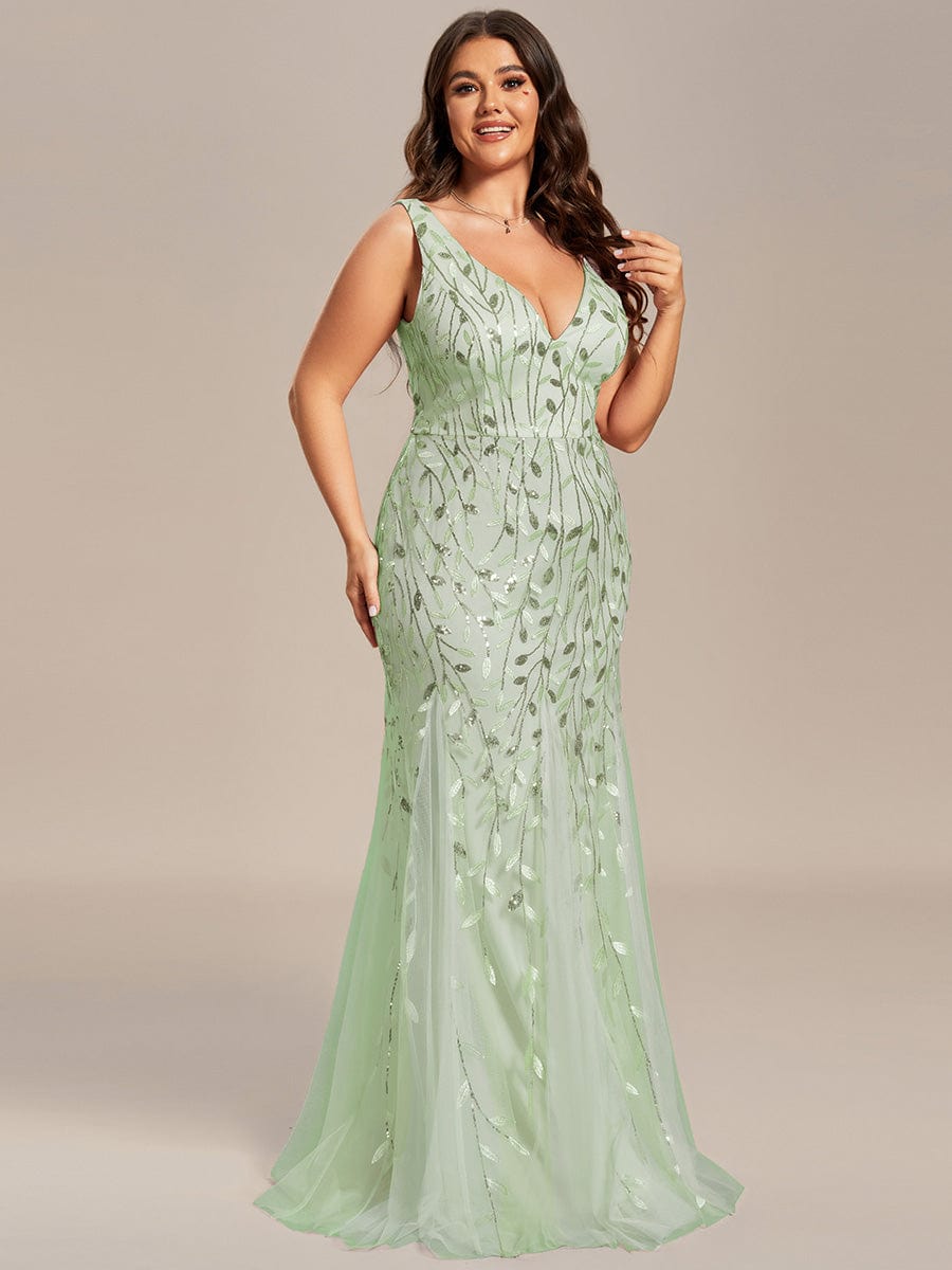 Plus Size V-Neck Sequin Bodycon Tulle Maxi Dress #color_Sage Green