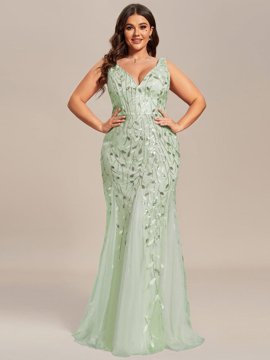 Plus Size V-Neck Sequin Bodycon Tulle Maxi Dress #color_Sage Green