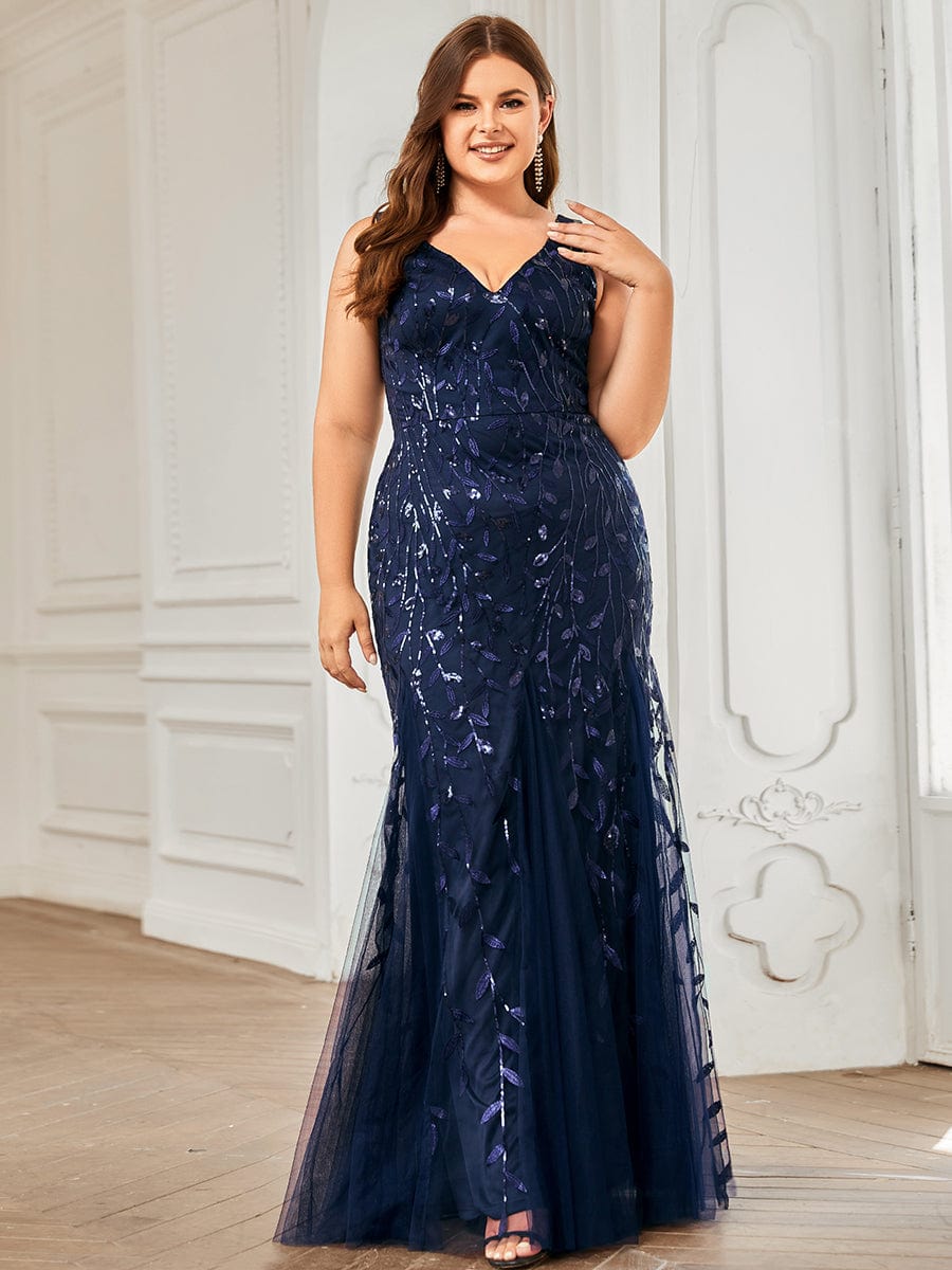 Plus Size V-Neck Sequin Bodycon Tulle Maxi Dress #color_Navy Blue