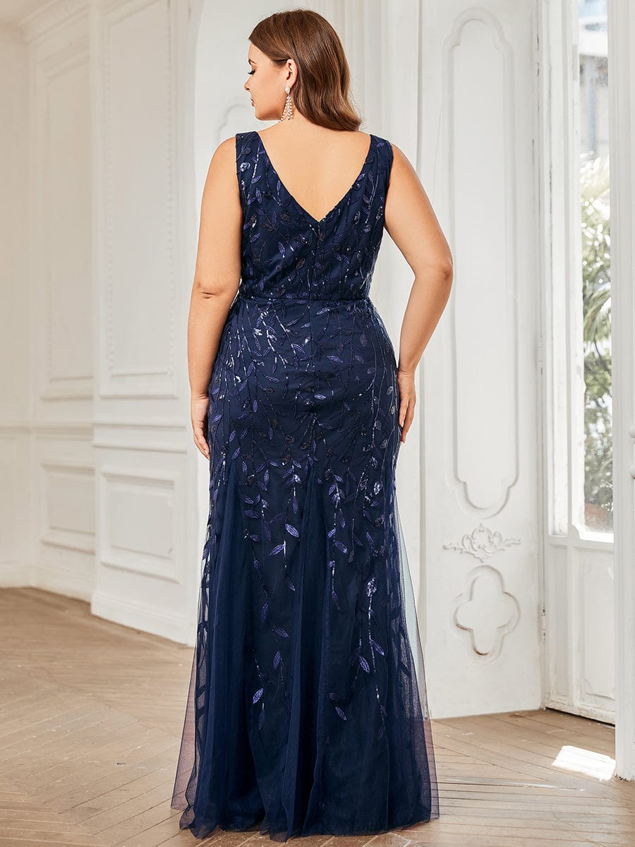 Plus Size V-Neck Sequin Bodycon Tulle Maxi Dress #color_Navy Blue