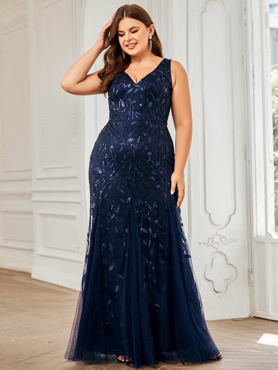 Plus Size V-Neck Sequin Bodycon Tulle Maxi Dress #color_Navy Blue