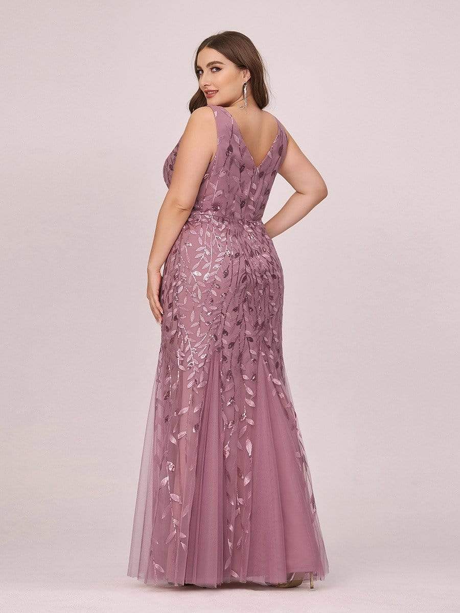 Plus Size V-Neck Sequin Bodycon Tulle Maxi Dress #color_Purple Orchid