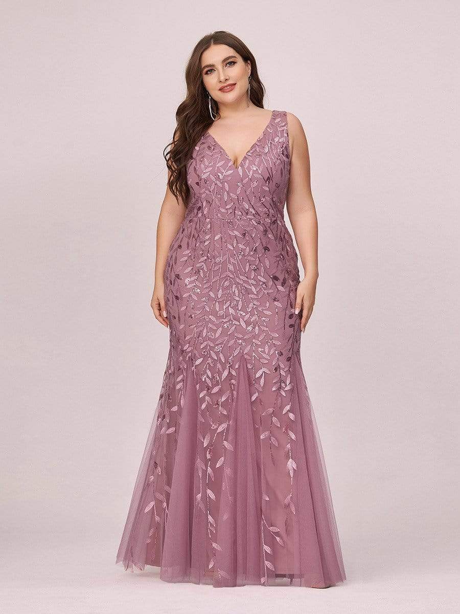 Plus Size V-Neck Sequin Bodycon Tulle Maxi Dress #color_Purple Orchid