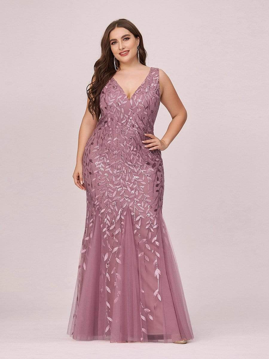 Plus Size V-Neck Sequin Bodycon Tulle Maxi Dress #color_Purple Orchid