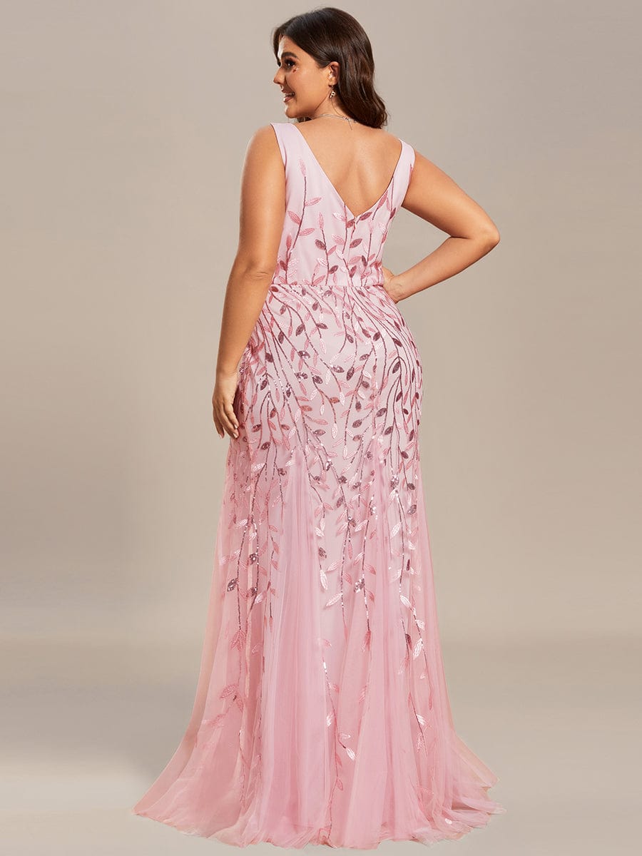 Plus Size V-Neck Sequin Bodycon Tulle Maxi Dress #color_Pink