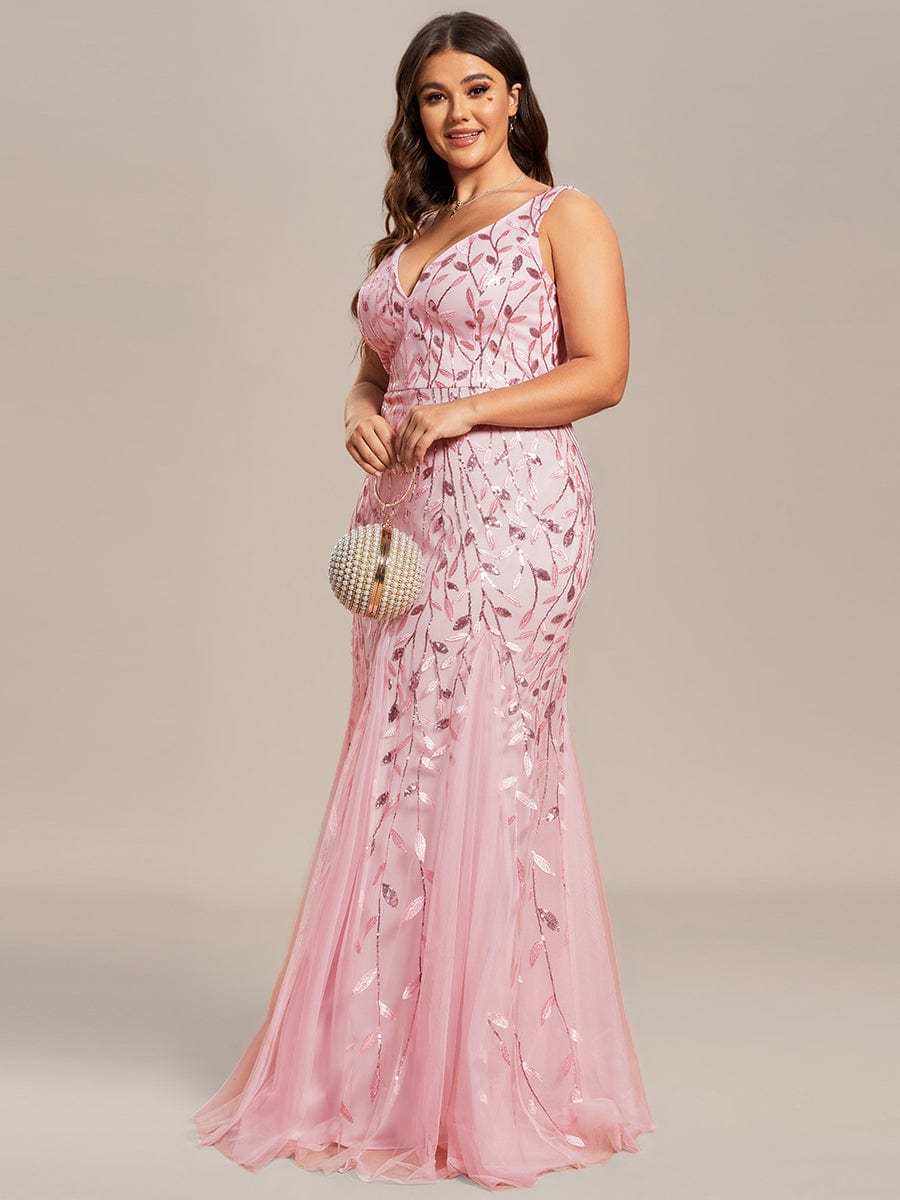 Plus Size V-Neck Sequin Bodycon Tulle Maxi Dress #color_Pink