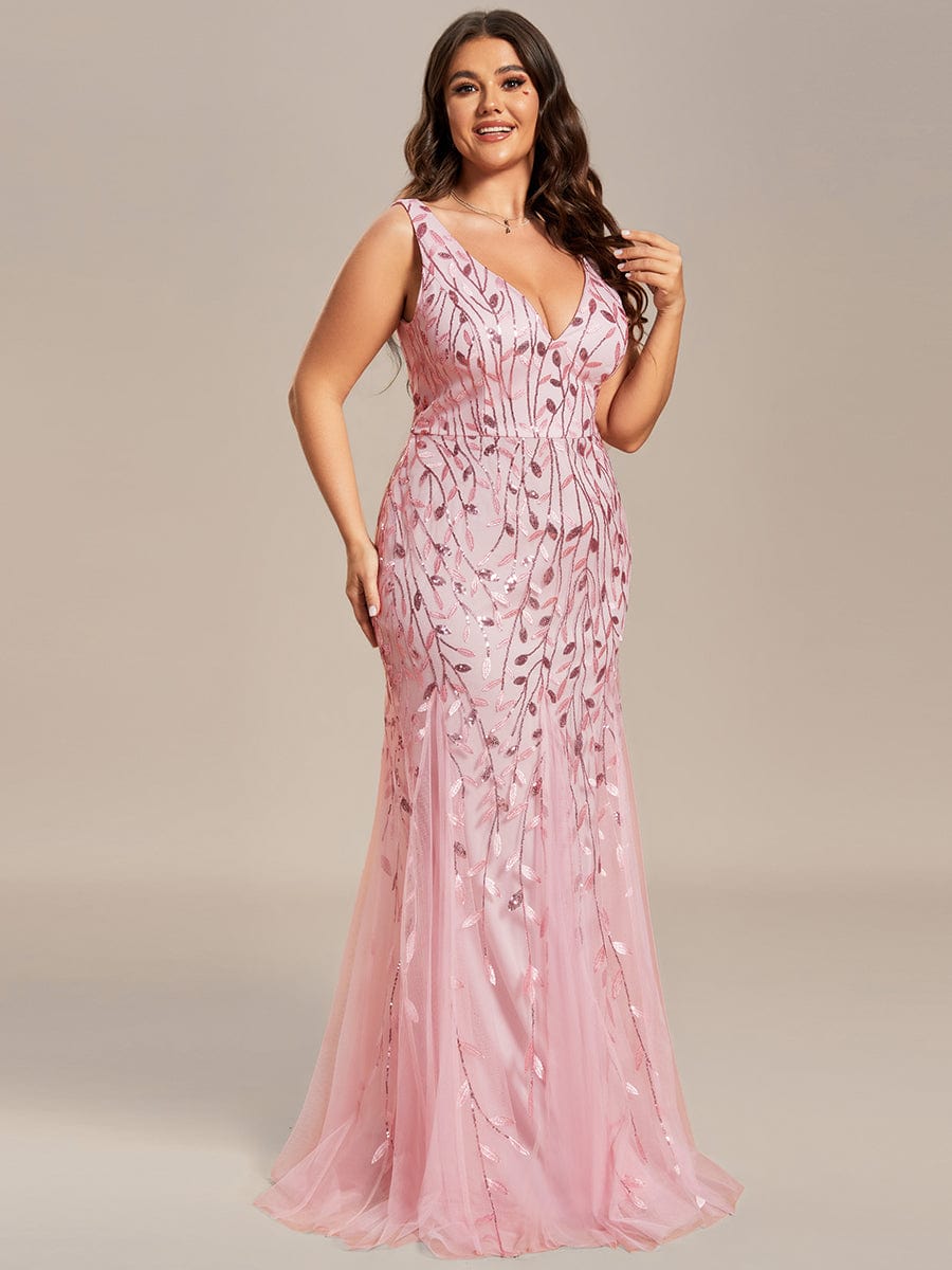 Plus Size V-Neck Sequin Bodycon Tulle Maxi Dress #color_Pink