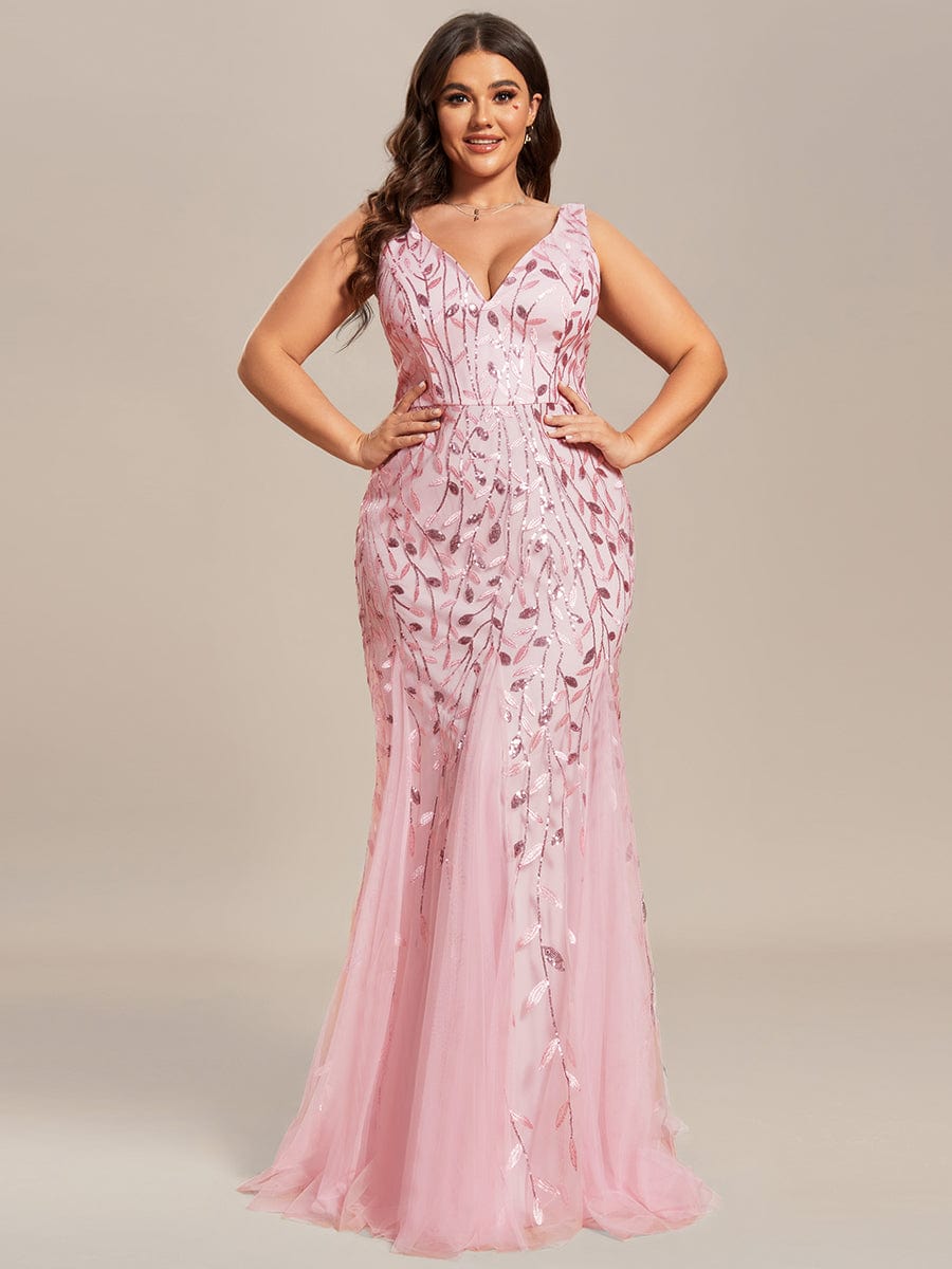 Plus Size V-Neck Sequin Bodycon Tulle Maxi Dress #color_Pink