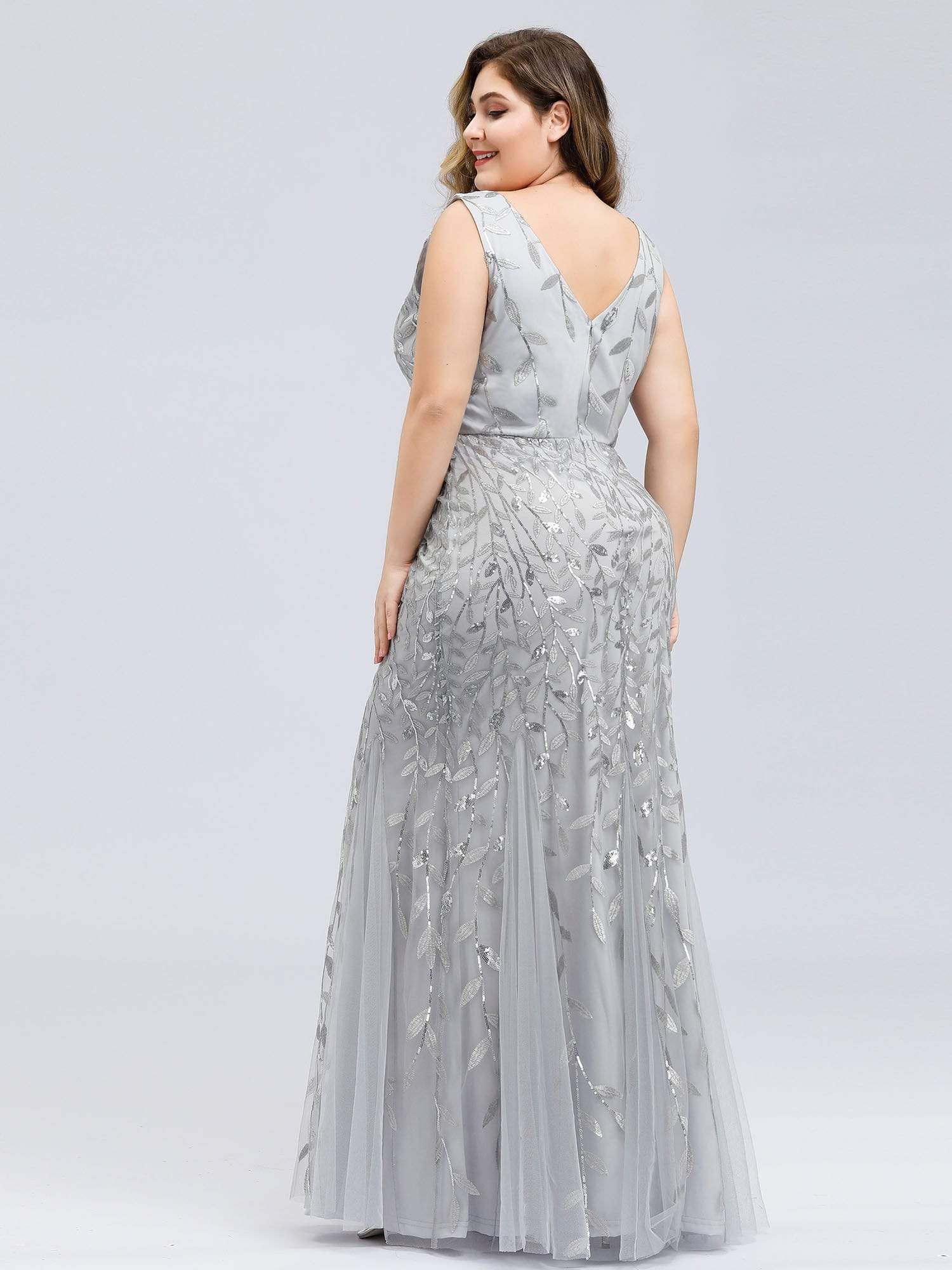 Plus Size V-Neck Sequin Bodycon Tulle Maxi Dress #color_Silver