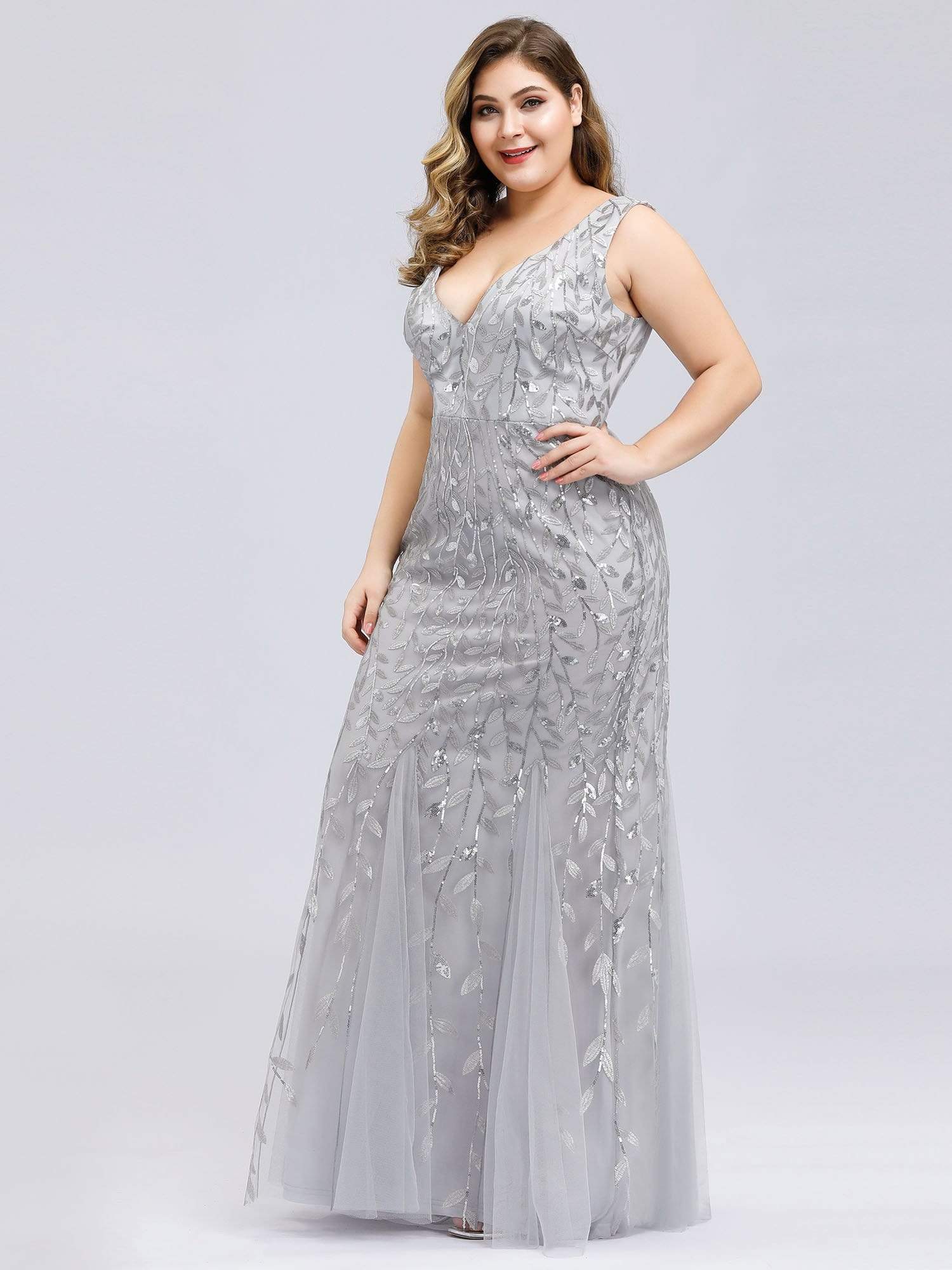 Plus Size V-Neck Sequin Bodycon Tulle Maxi Dress #color_Silver