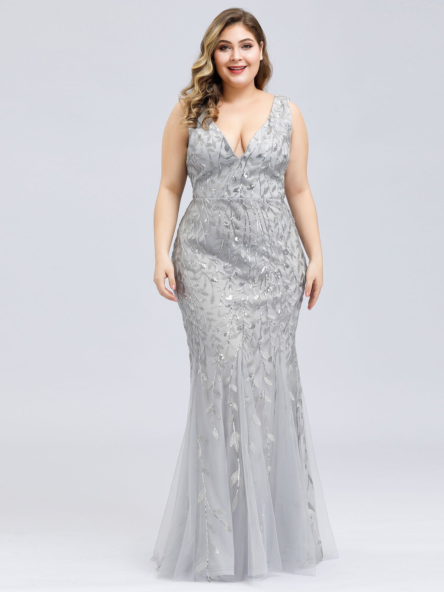 Plus Size V-Neck Sequin Bodycon Tulle Maxi Dress #color_Silver