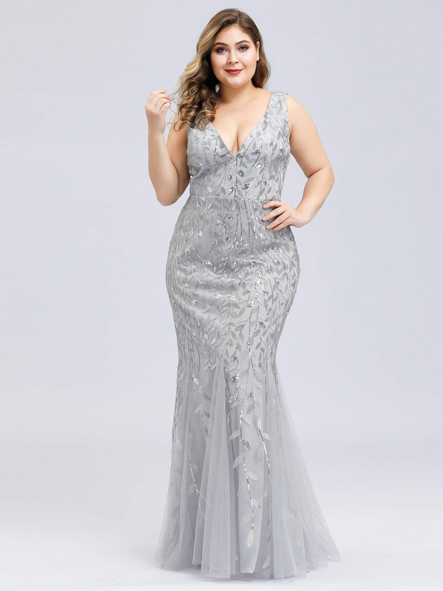 Plus Size V-Neck Sequin Bodycon Tulle Maxi Dress #color_Silver