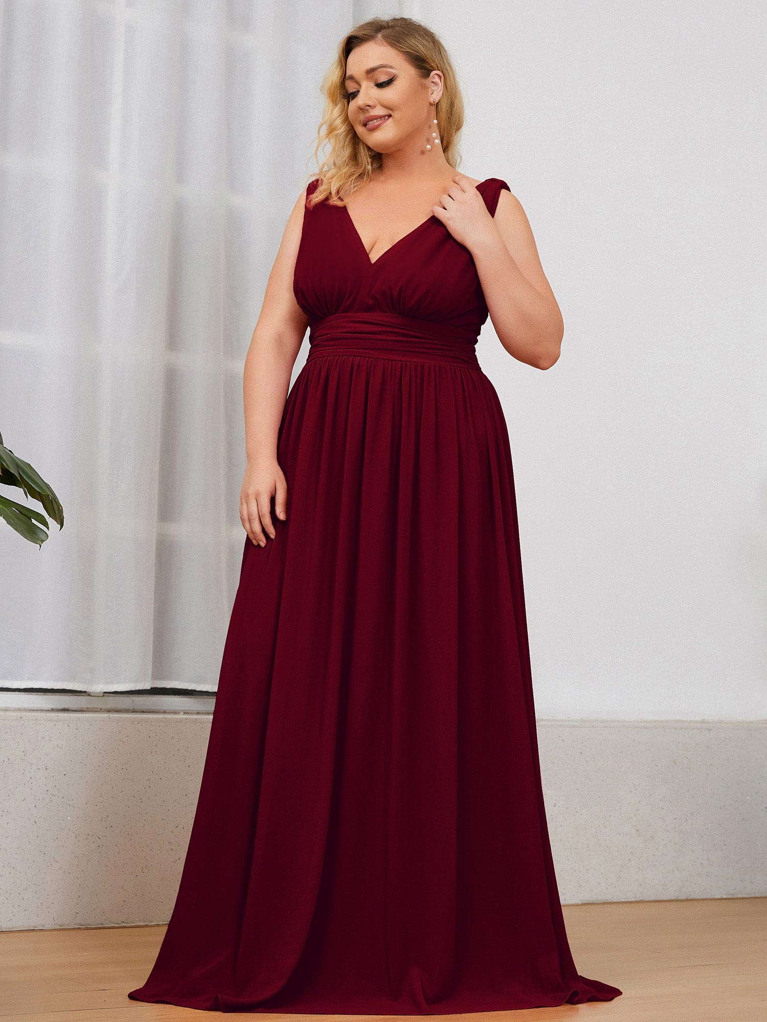 Chiffon Empire Waist Sleeveless Dress #color_Burgundy