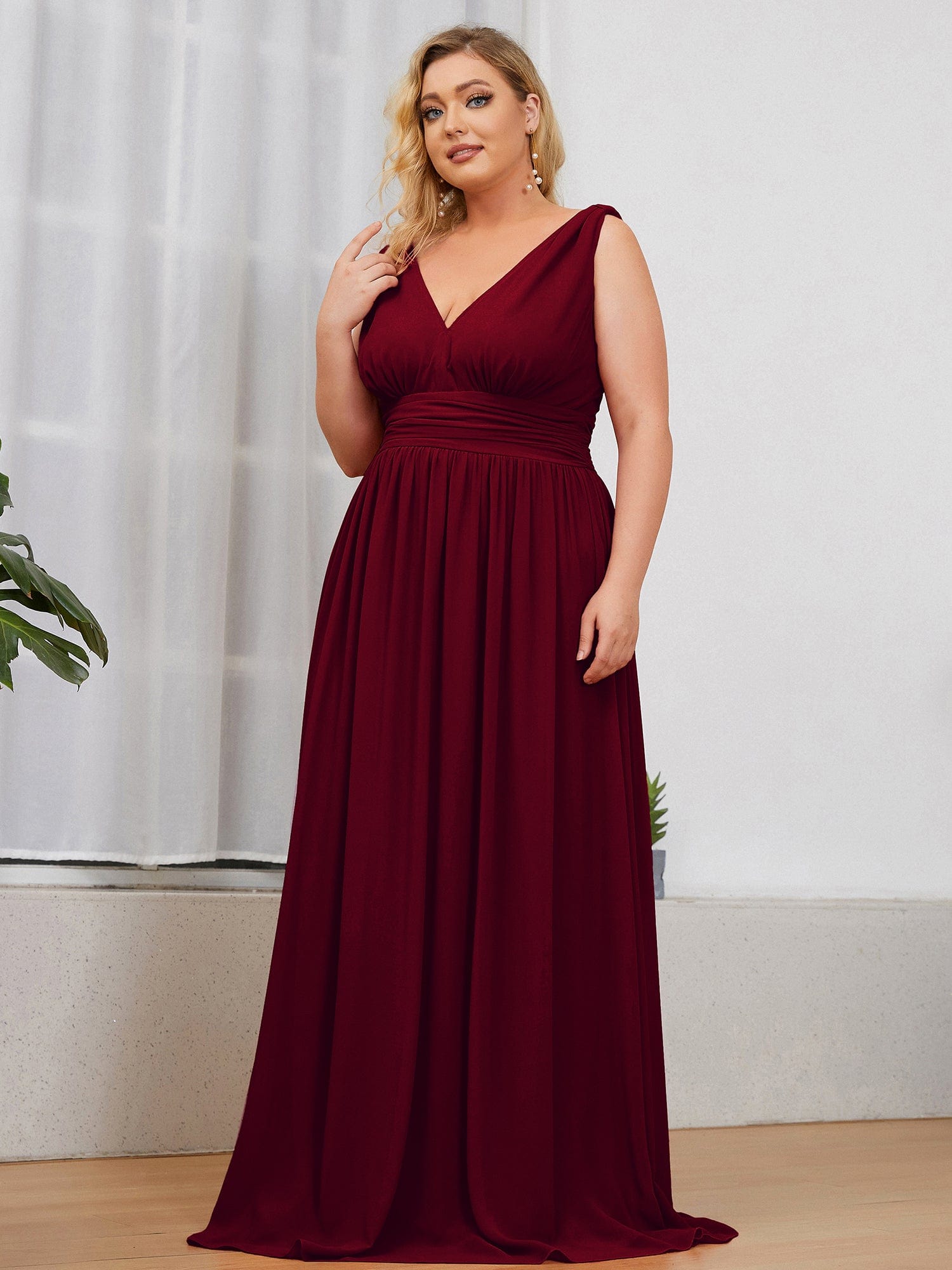 Chiffon Empire Waist Sleeveless Dress #color_Burgundy