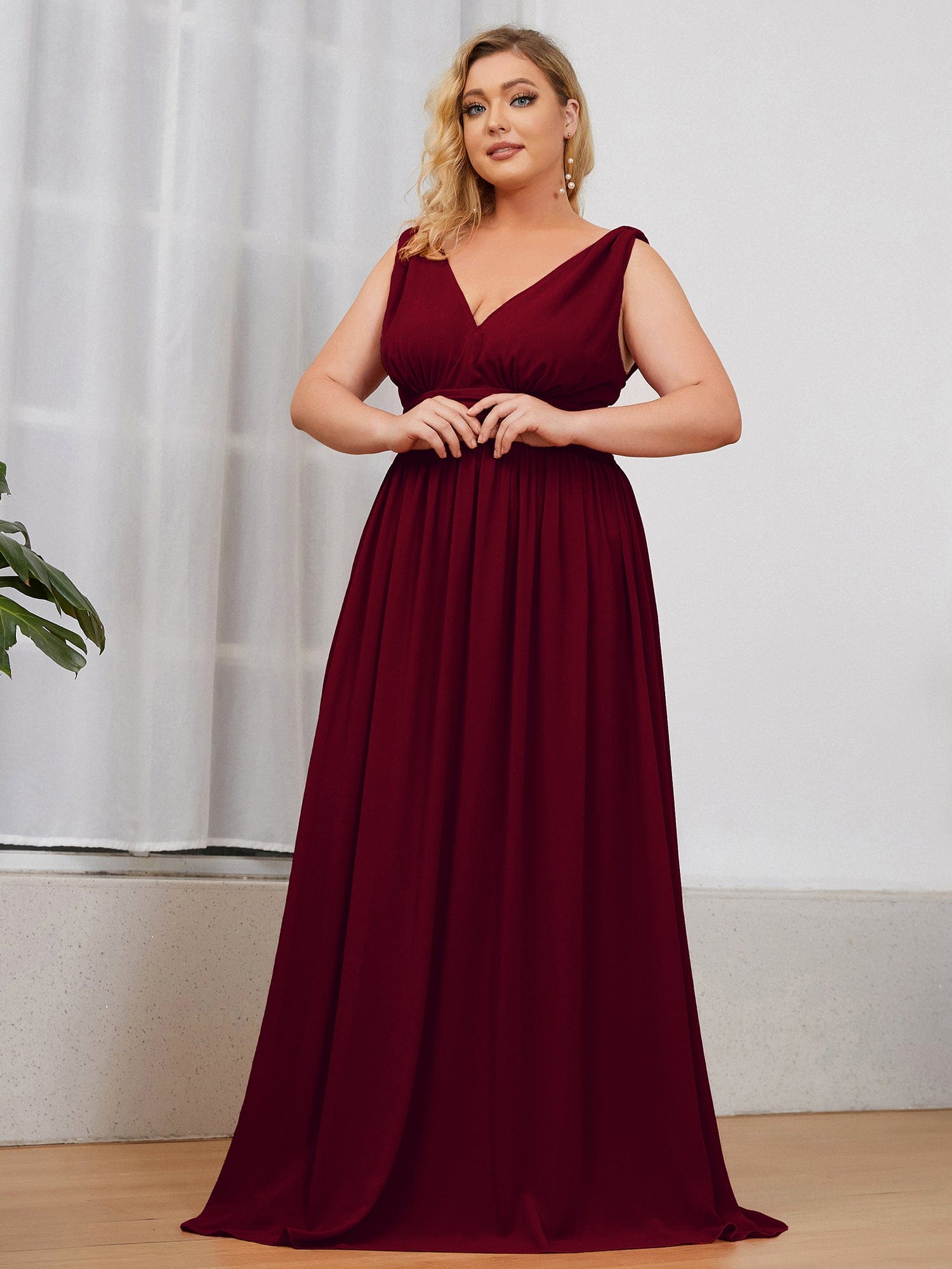 Chiffon Empire Waist Sleeveless Dress #color_Burgundy