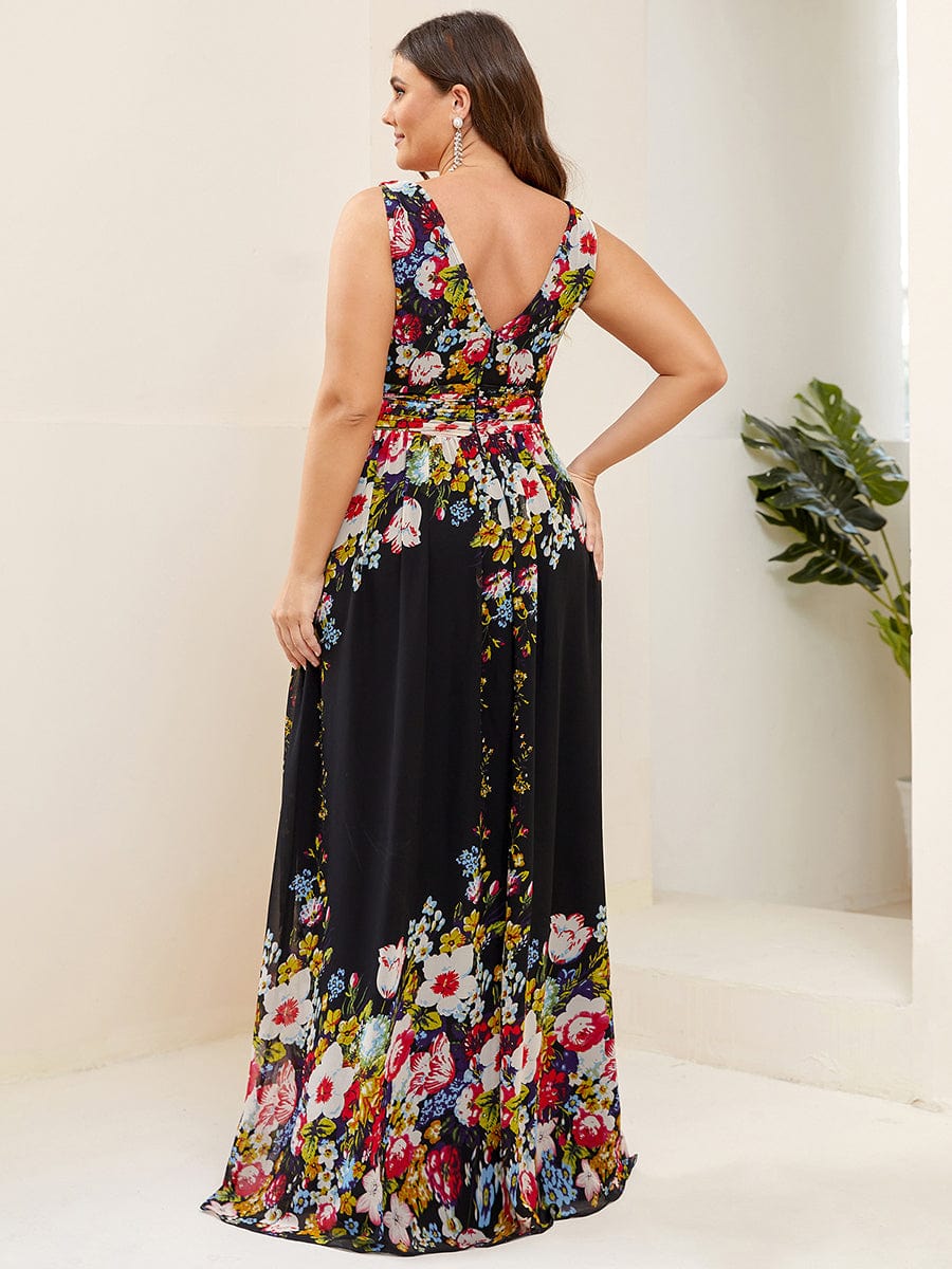 Chiffon Empire Waist Sleeveless Dress #color_Black and Printed