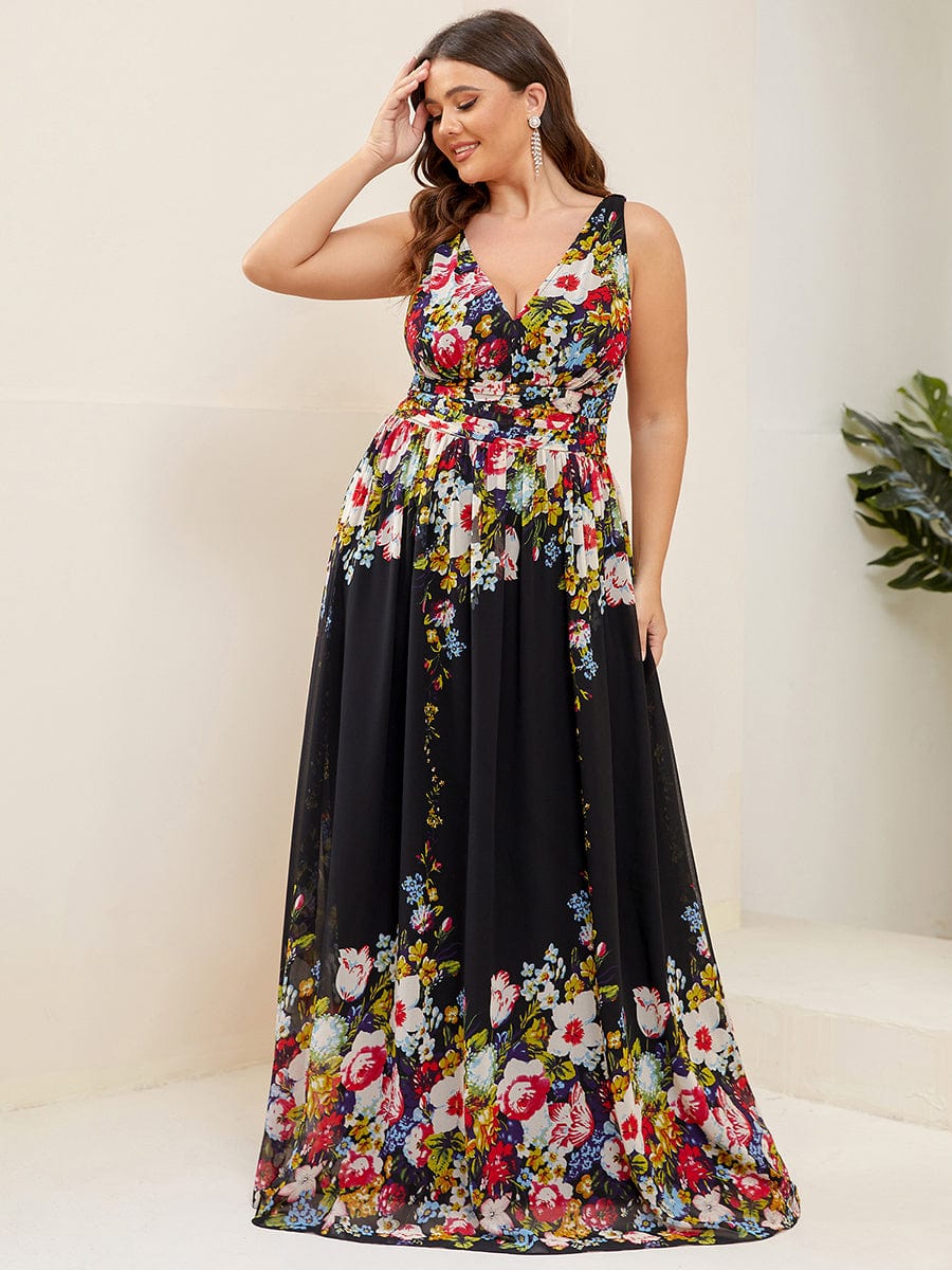 Chiffon Empire Waist Sleeveless Dress #color_Black and Printed