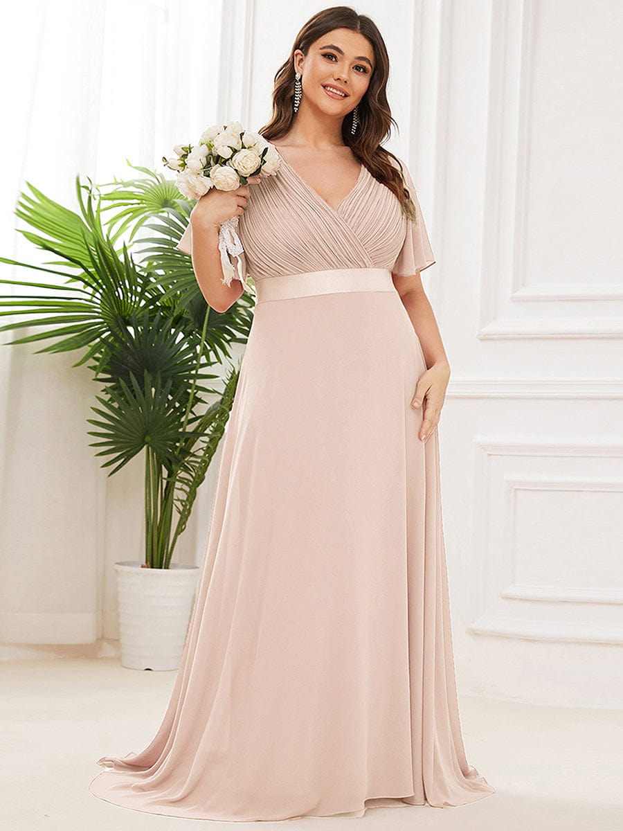 Plus Size Empire Waist Chiffon Maxi Dress with Short Sleeves #color_Blush