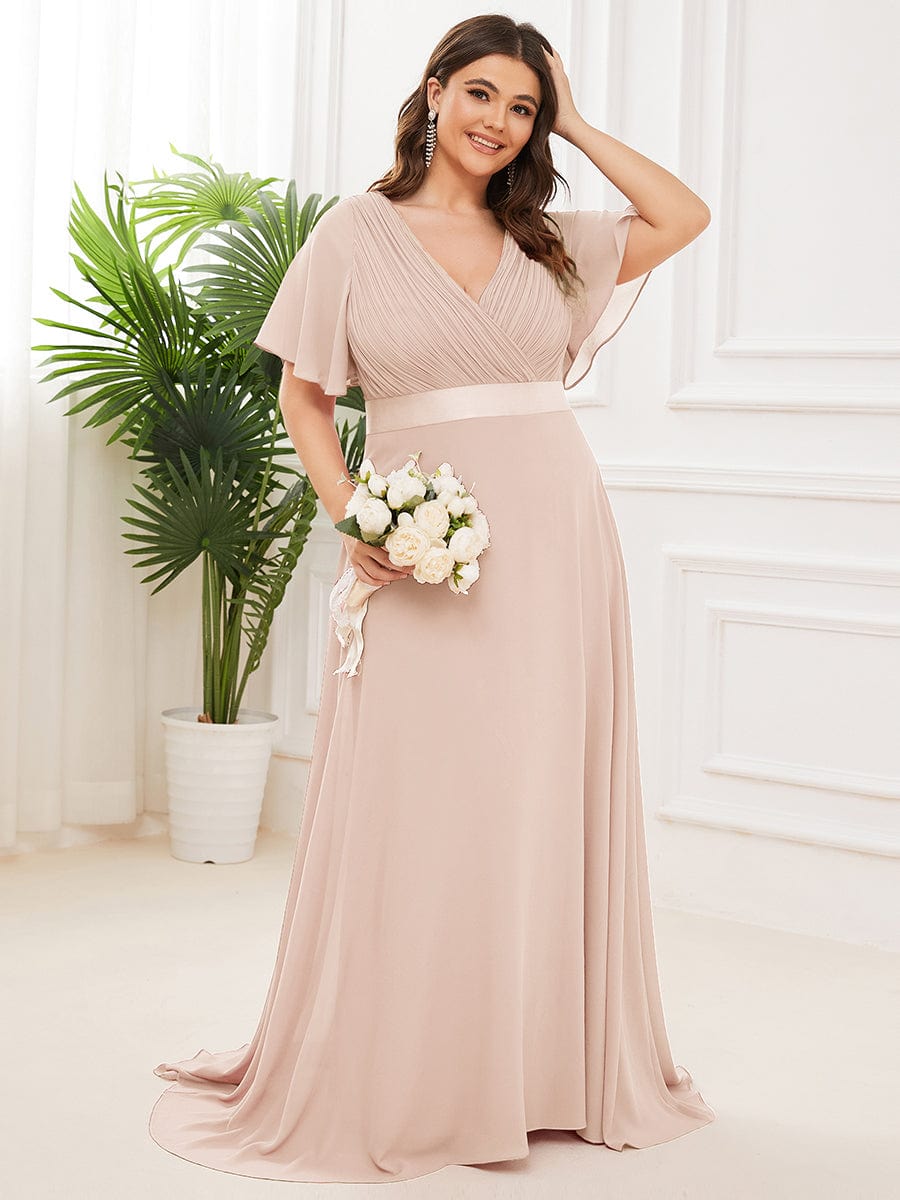 Plus Size Empire Waist Chiffon Maxi Dress with Short Sleeves #color_Blush