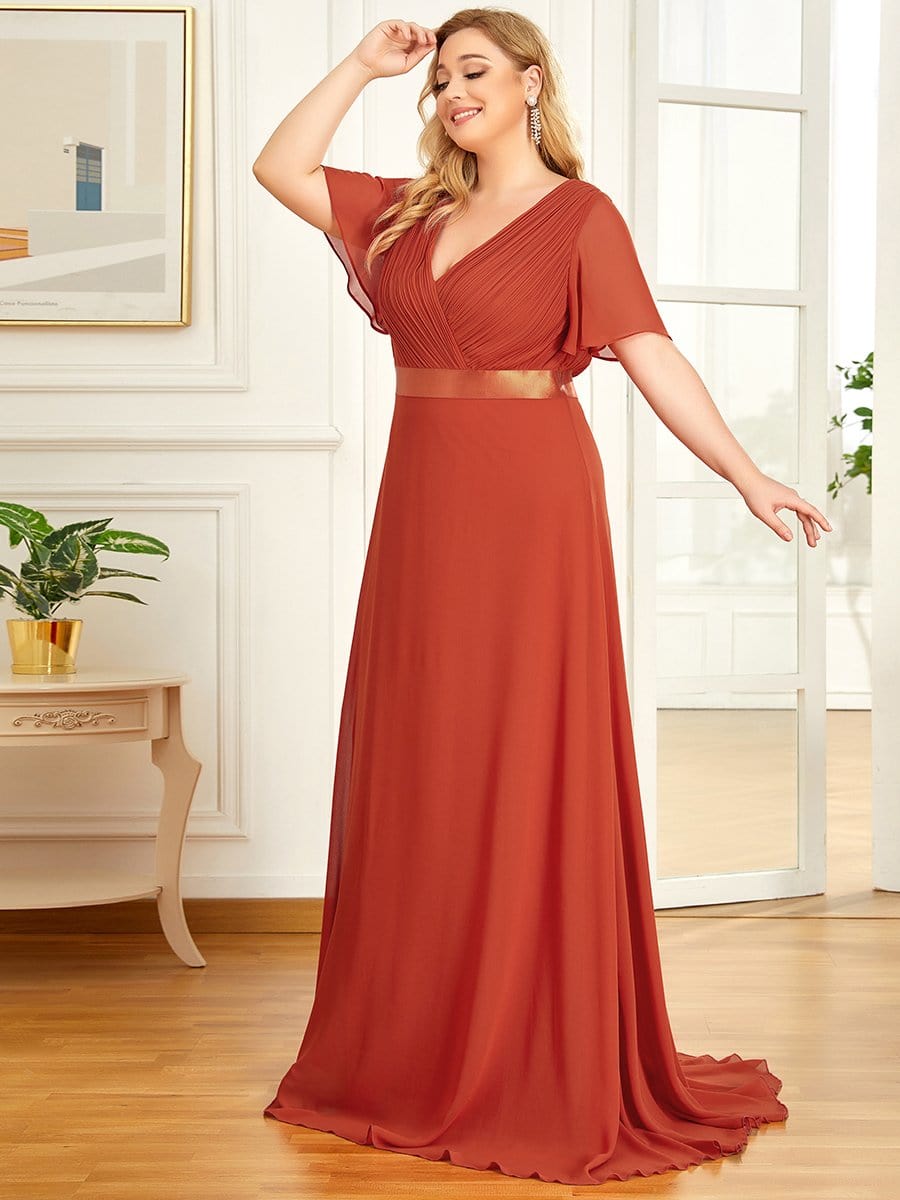 Plus Size Empire Waist Chiffon Maxi Dress with Short Sleeves #color_Burnt Orange