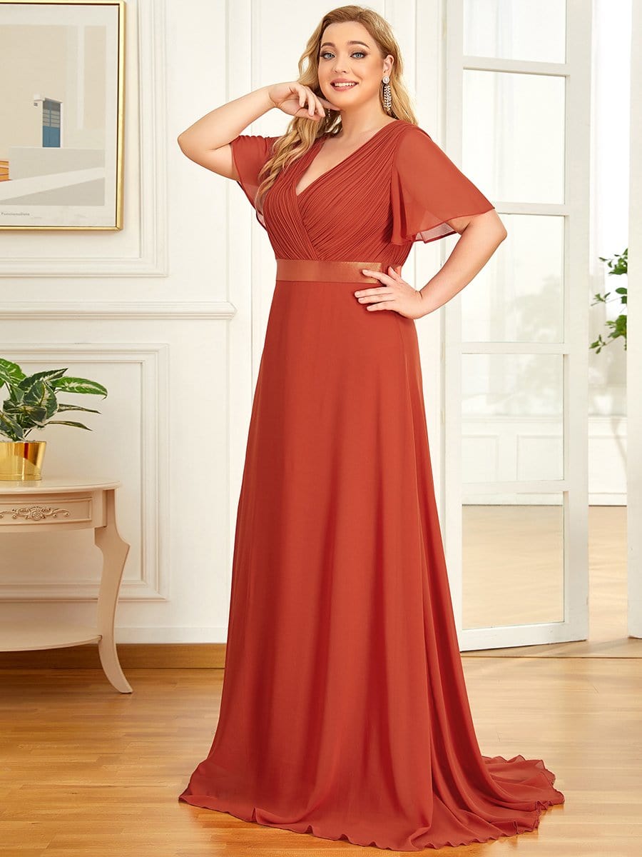 Plus Size Empire Waist Chiffon Maxi Dress with Short Sleeves #color_Burnt Orange