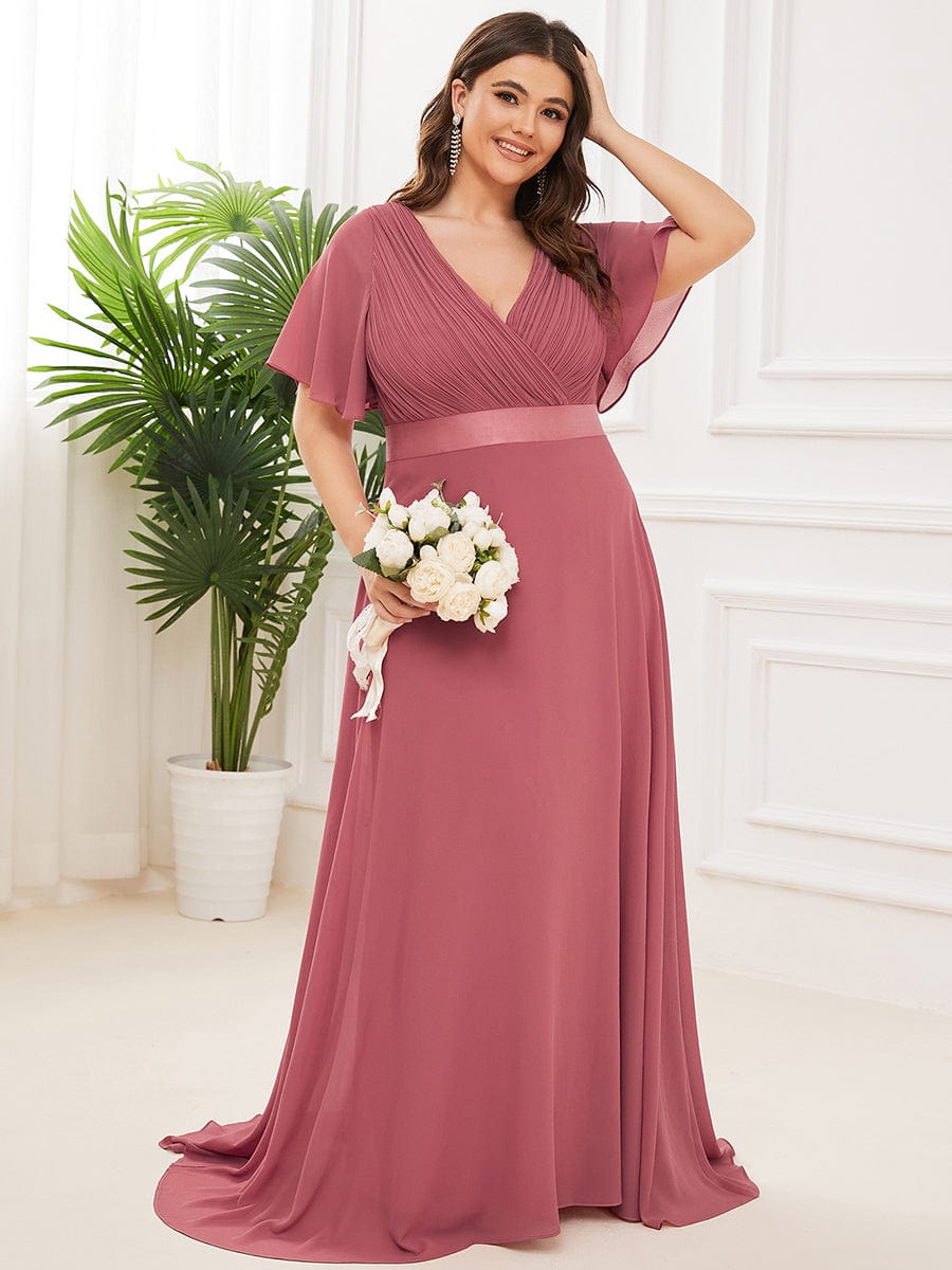 Plus Size Empire Waist Chiffon Maxi Dress with Short Sleeves #color_Cameo Brown