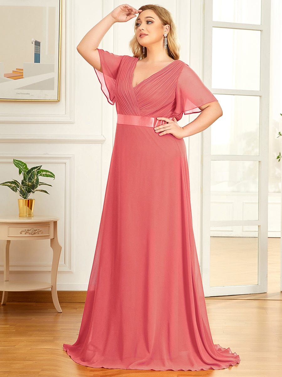 Plus Size Empire Waist Chiffon Maxi Dress with Short Sleeves #color_Coral