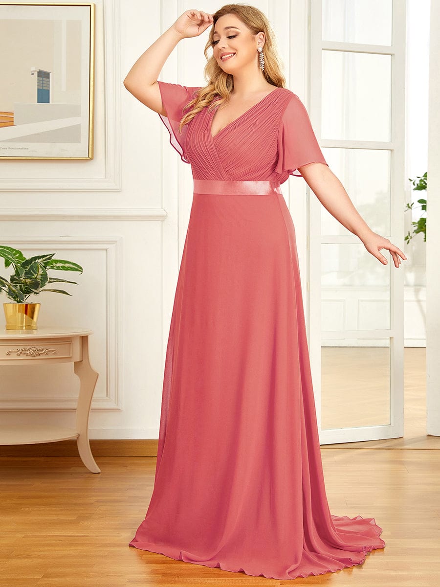 Plus Size Empire Waist Chiffon Maxi Dress with Short Sleeves #color_Coral