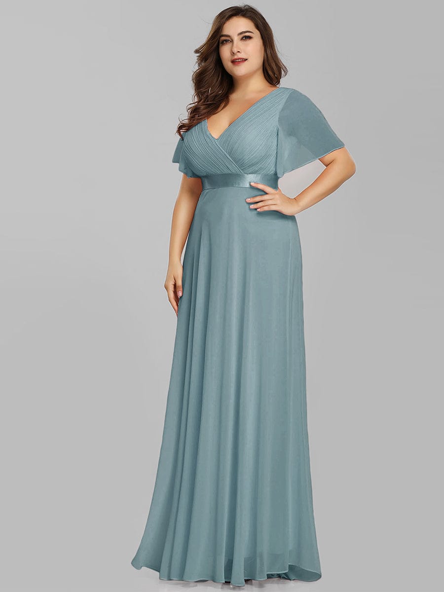 Plus Size Empire Waist Chiffon Maxi Dress with Short Sleeves #color_Light Teal