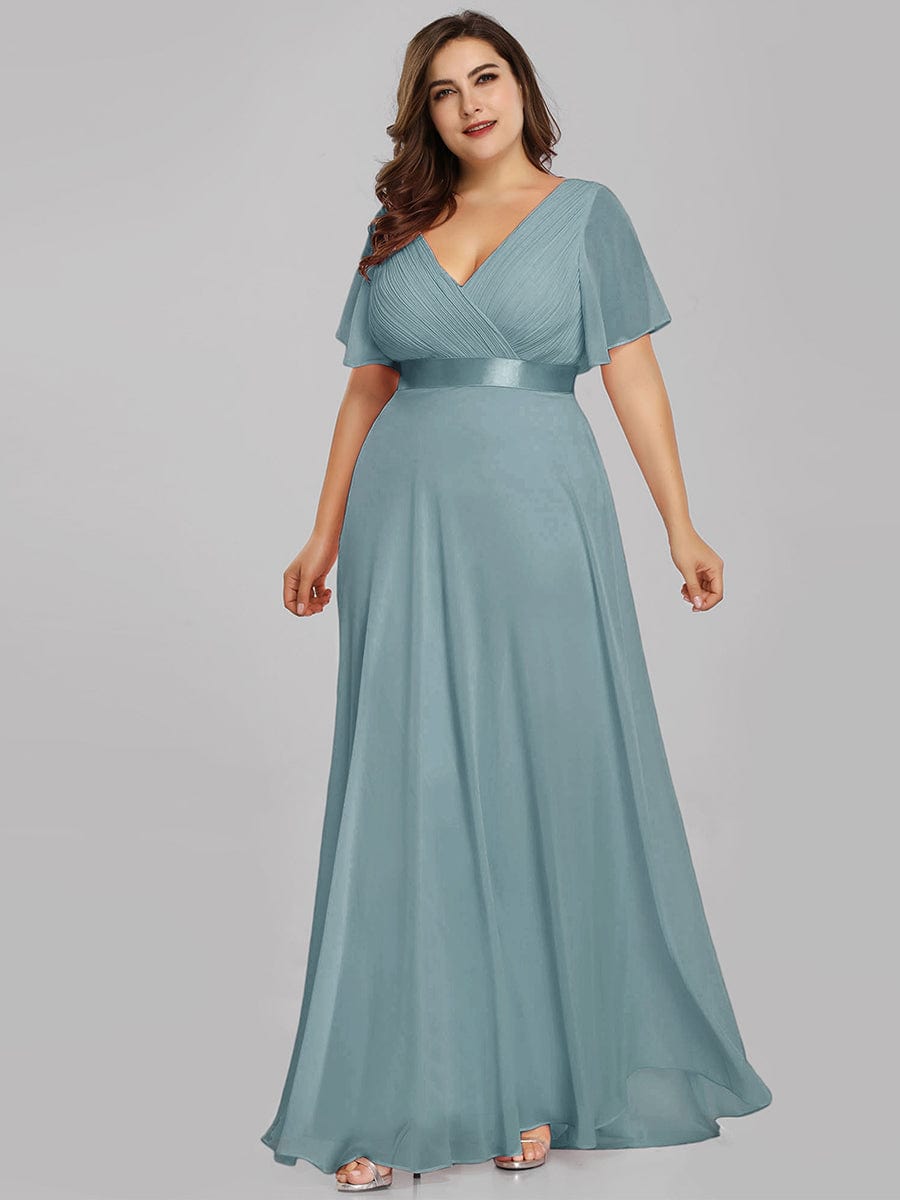 Plus Size Empire Waist Chiffon Maxi Dress with Short Sleeves #color_Light Teal