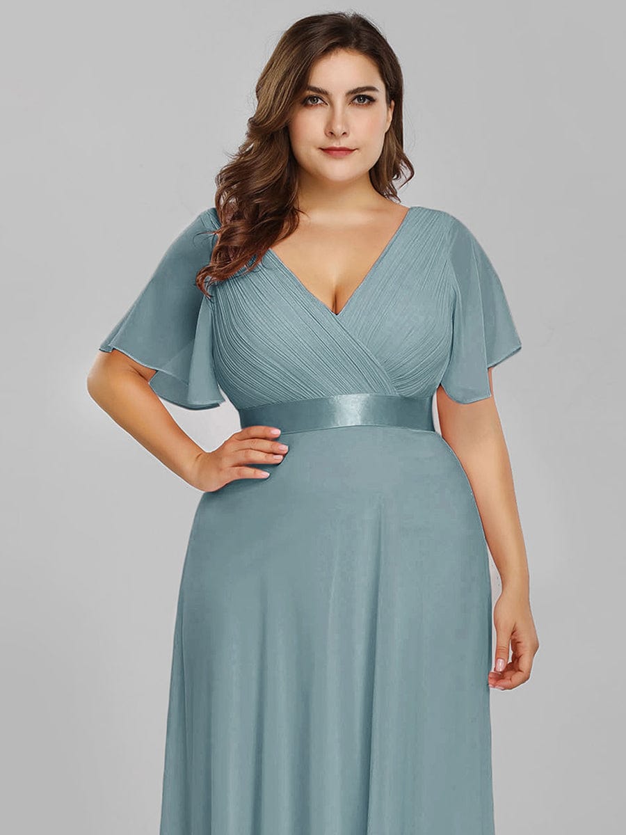 Plus Size Empire Waist Chiffon Maxi Dress with Short Sleeves #color_Light Teal