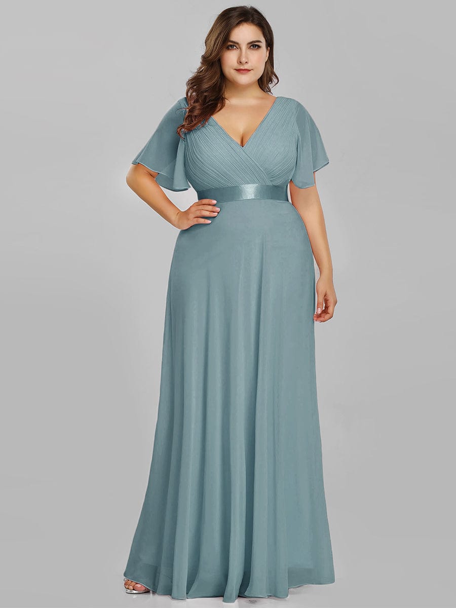 Plus Size Empire Waist Chiffon Maxi Dress with Short Sleeves #color_Light Teal