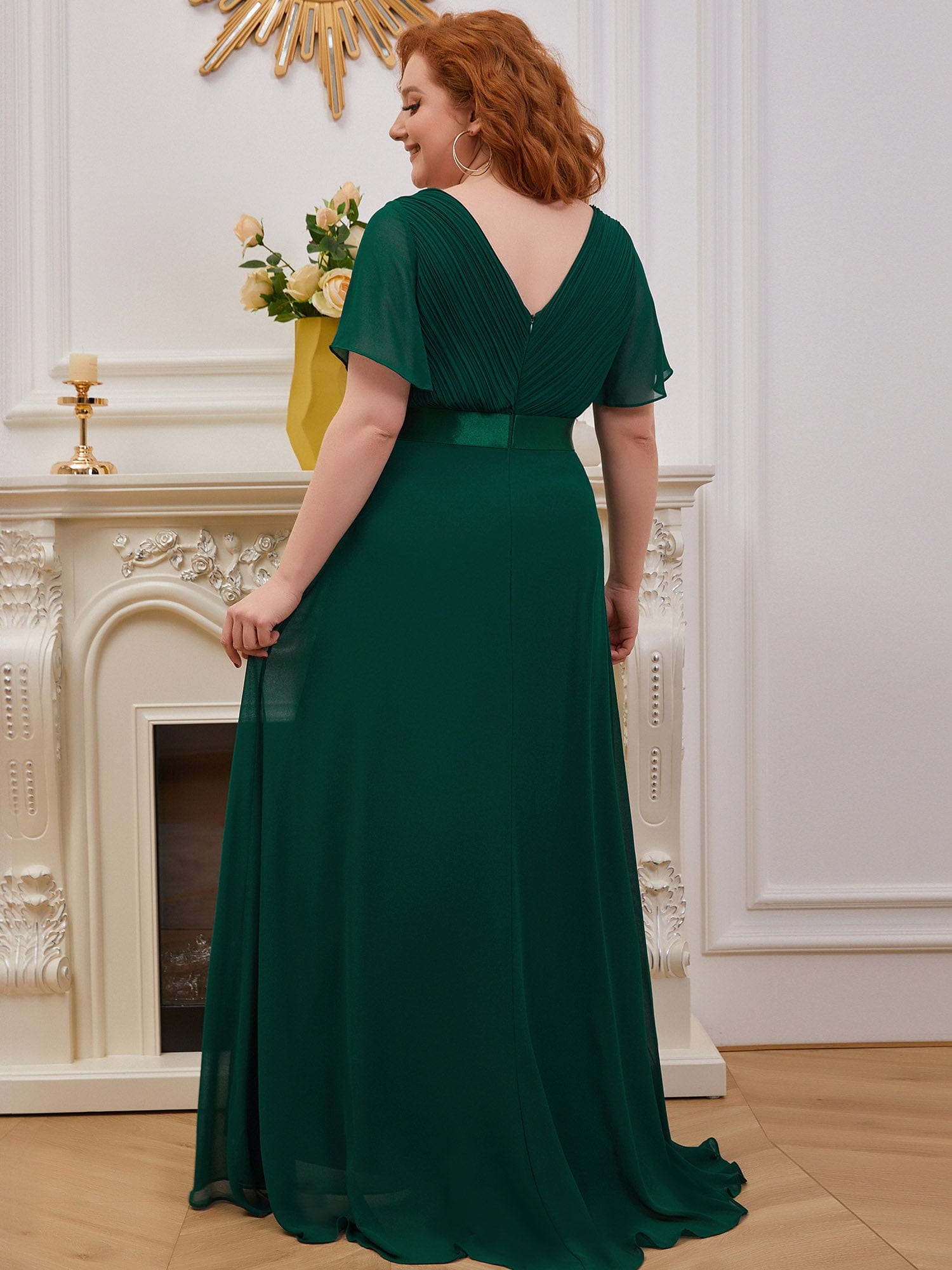 Plus Size Empire Waist Chiffon Maxi Dress with Short Sleeves #color_Dark Green