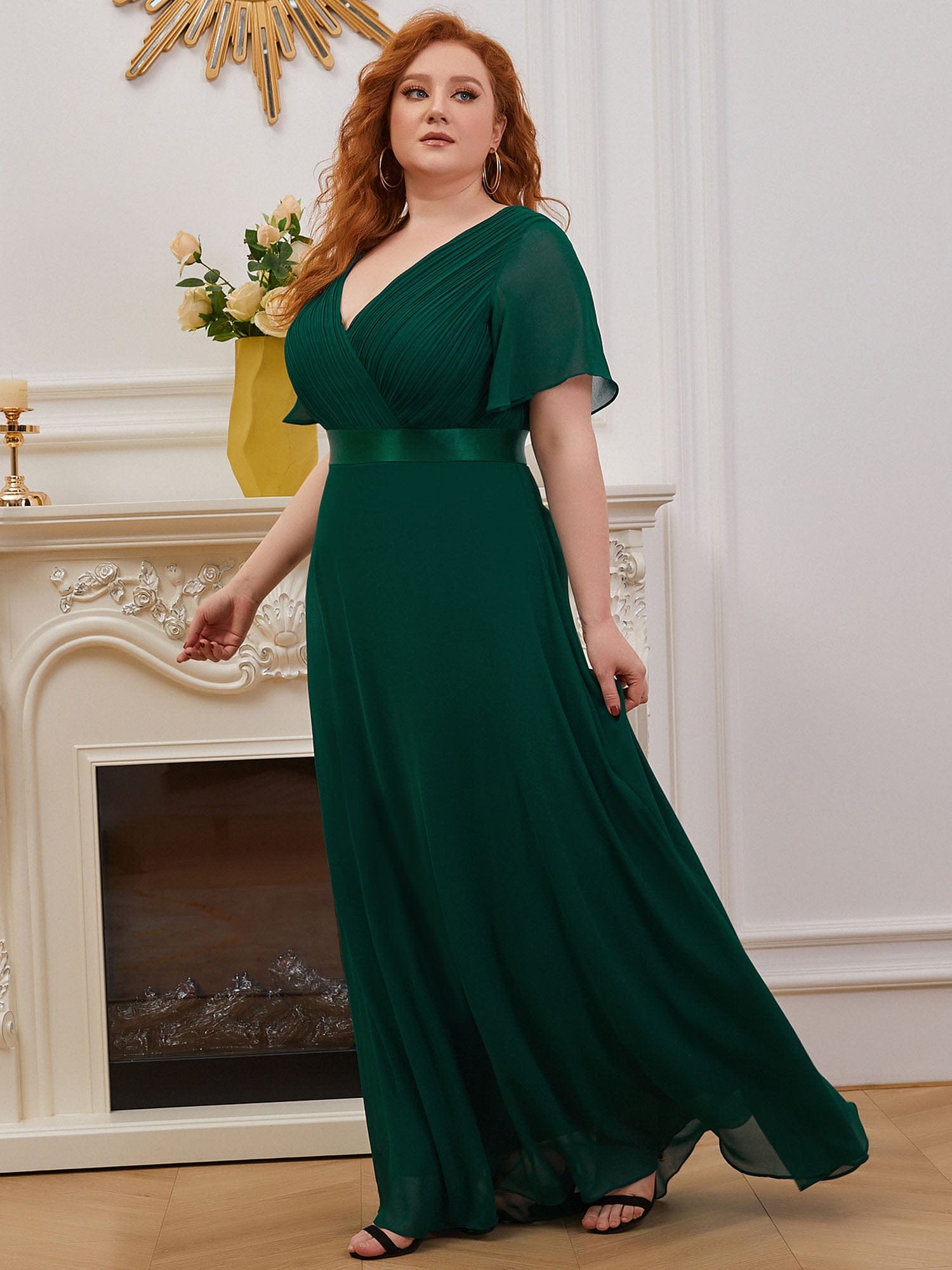 Plus Size Empire Waist Chiffon Maxi Dress with Short Sleeves #color_Dark Green