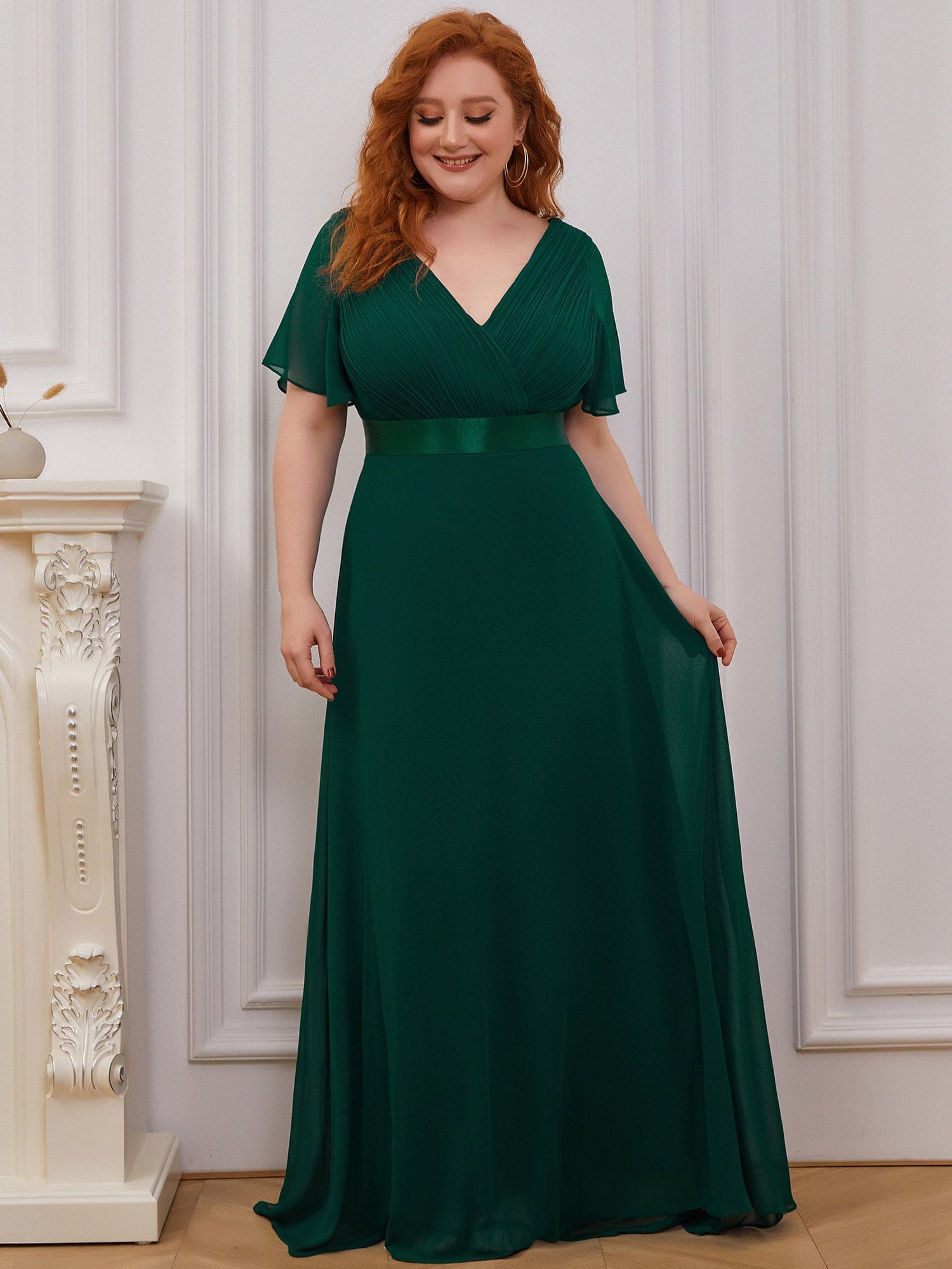 Plus Size Empire Waist Chiffon Maxi Dress with Short Sleeves #color_Dark Green