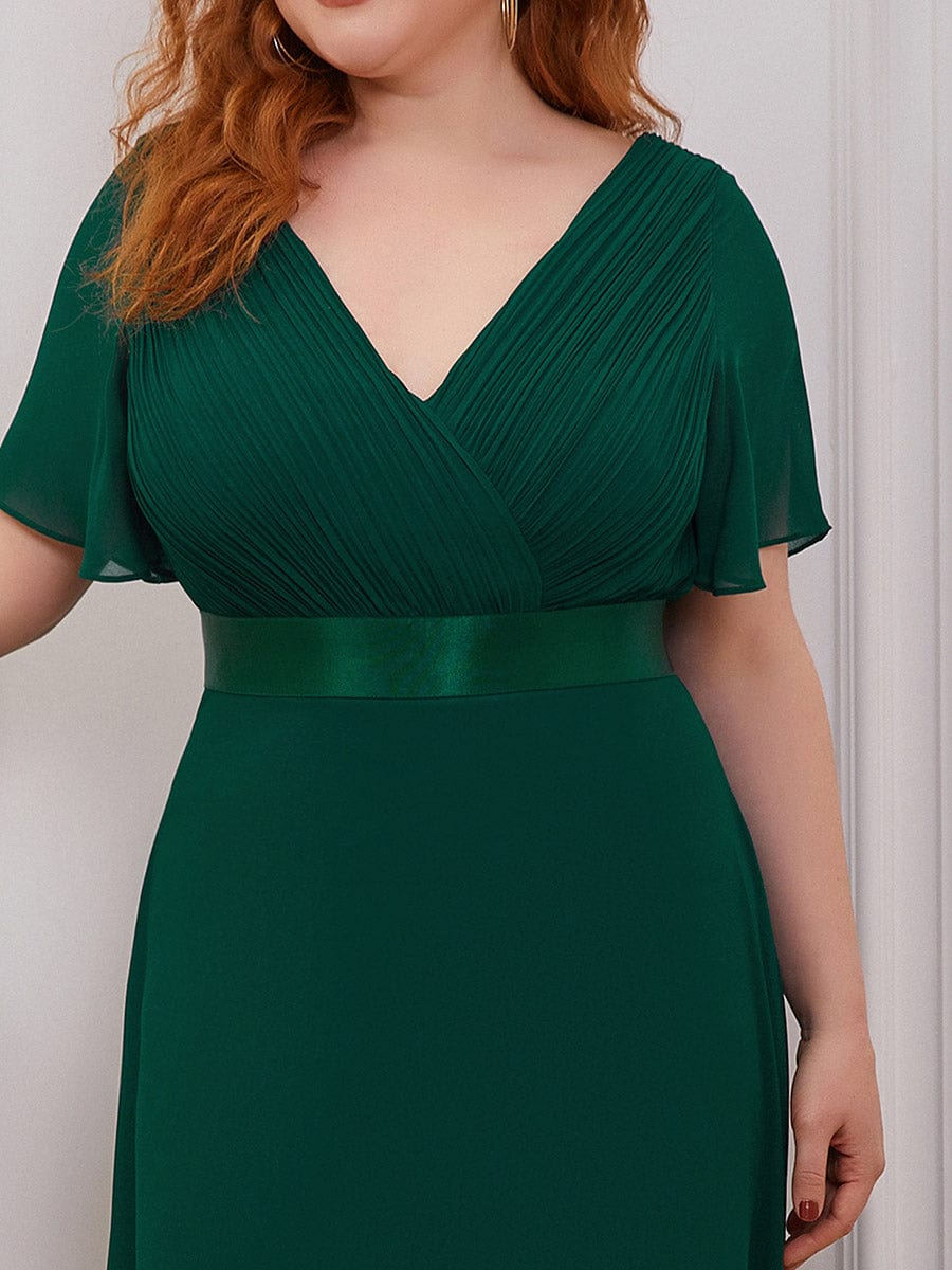 Plus Size Empire Waist Chiffon Maxi Dress with Short Sleeves #color_Dark Green