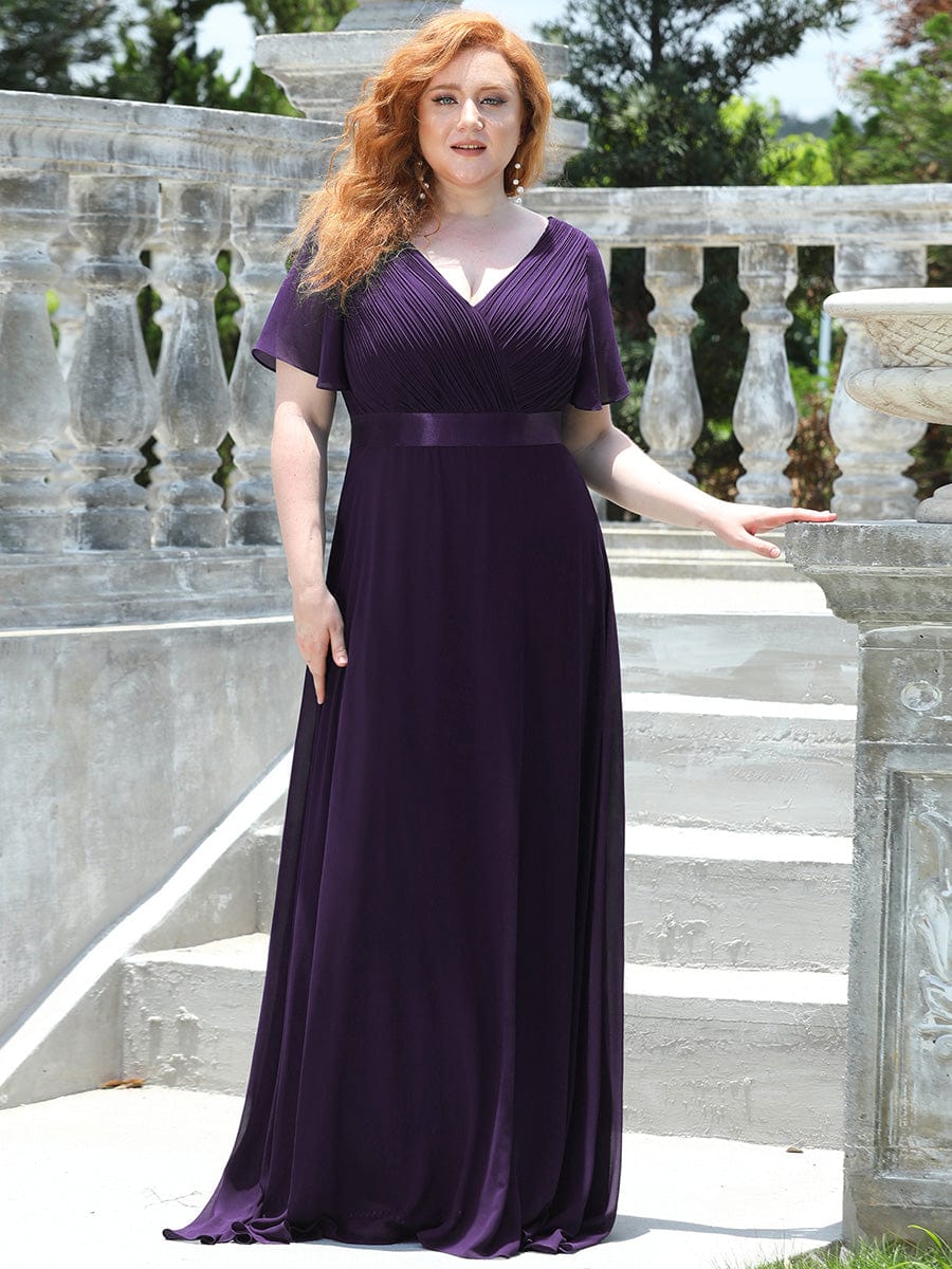 Plus Size Empire Waist Chiffon Maxi Dress with Short Sleeves #color_Dark Purple