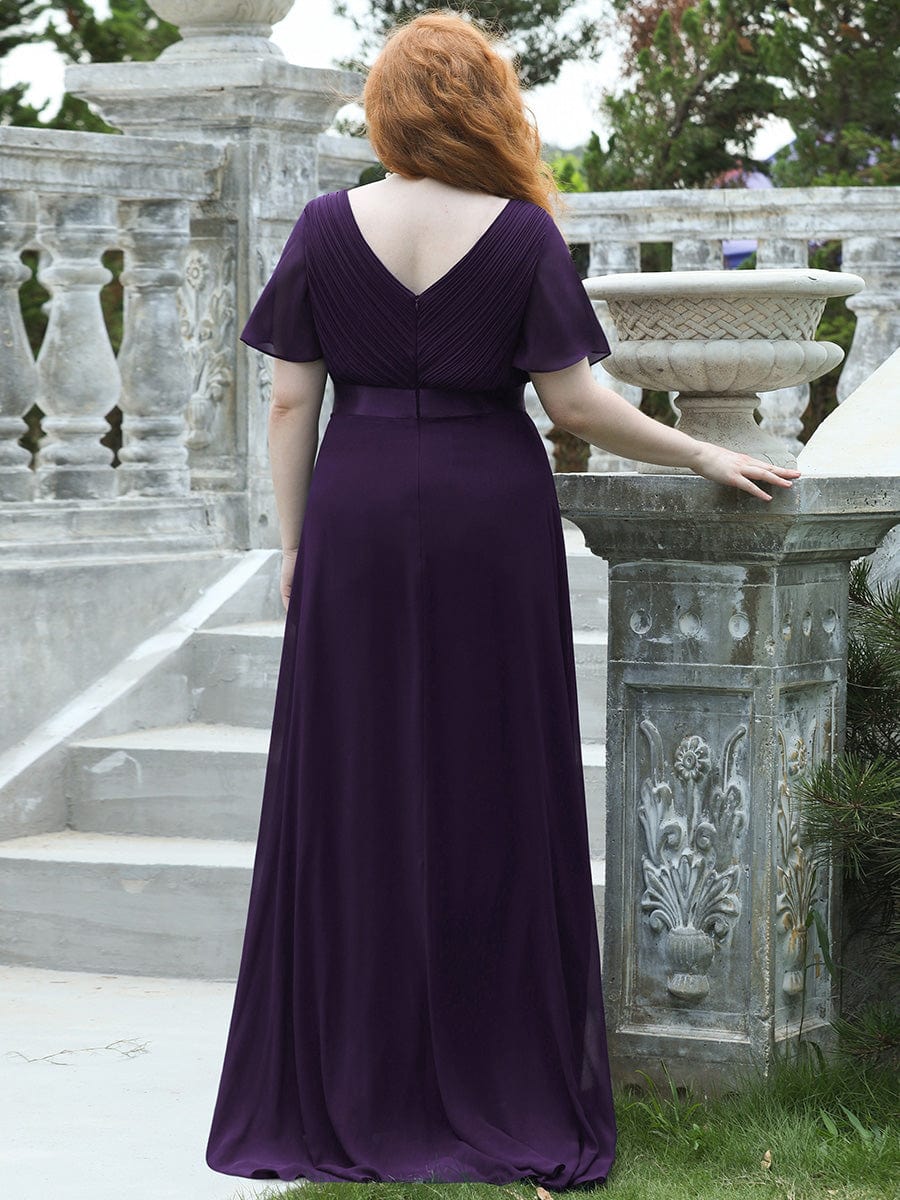 Plus Size Empire Waist Chiffon Maxi Dress with Short Sleeves #color_Dark Purple